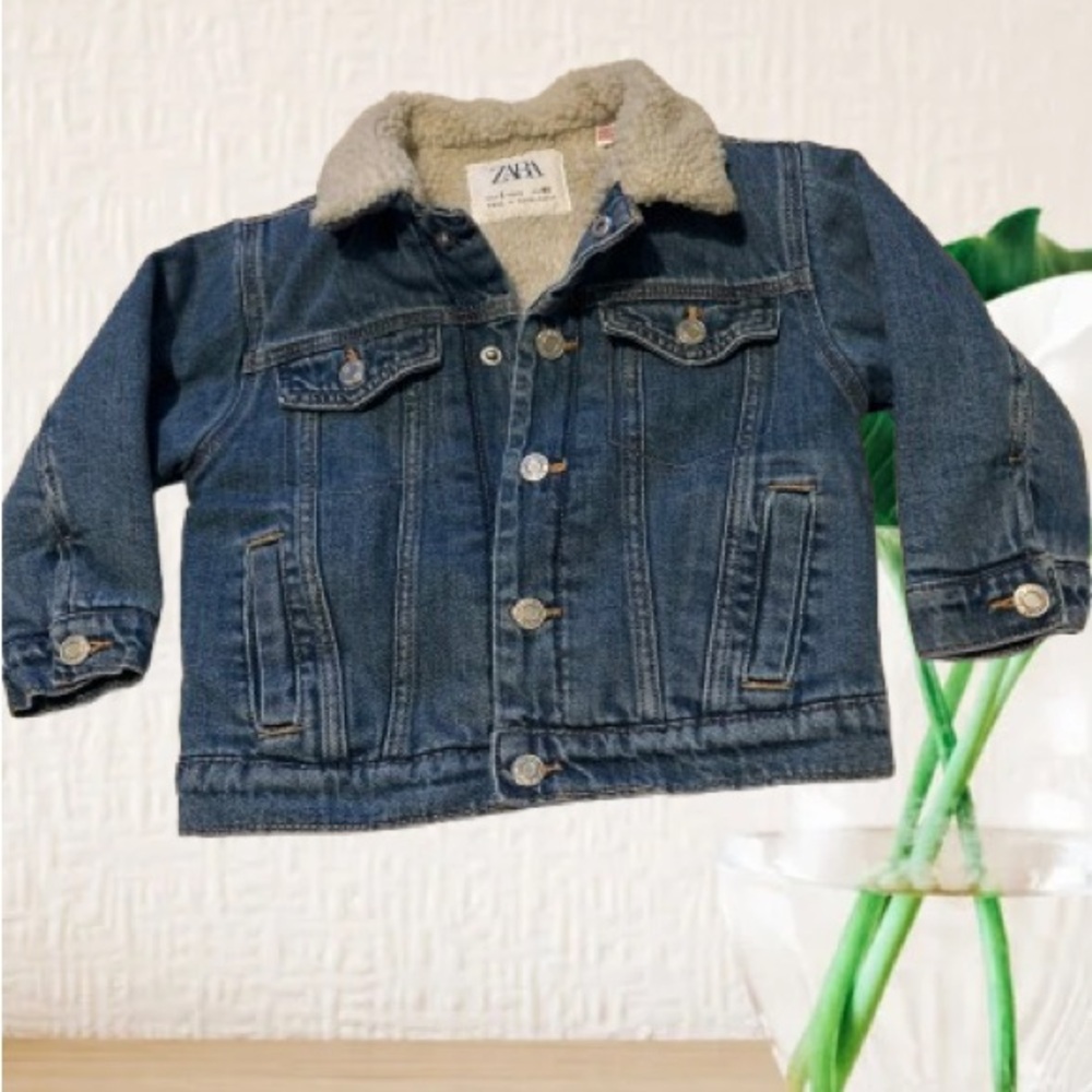 Zara Kids Dark Blue Jean Jacket with Sherpa Collar